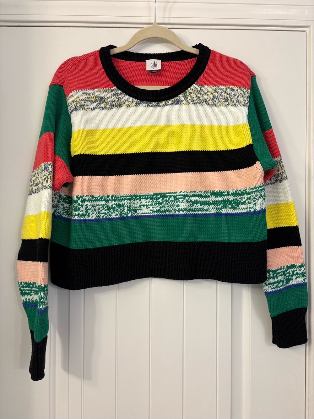 CAbi Multicolor Striped Crewneck Sweater - Green/Black/Yellow/Coral
